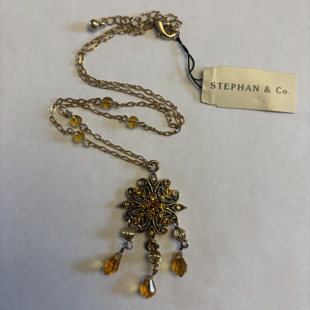 Stephan & Co. Antique Gold Tone Flower & Yellow Drop Pendant Necklace NWT